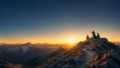Gruppe von Wanderern auf einem Berggipfel bei Sonnenaufgang mit Blick auf die Alpen.